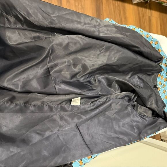 YMHY Blue/Tan Patterned Women's Lounge Wear with Black Ostrich Trimmed Cuffs. - Picture 6 of 8